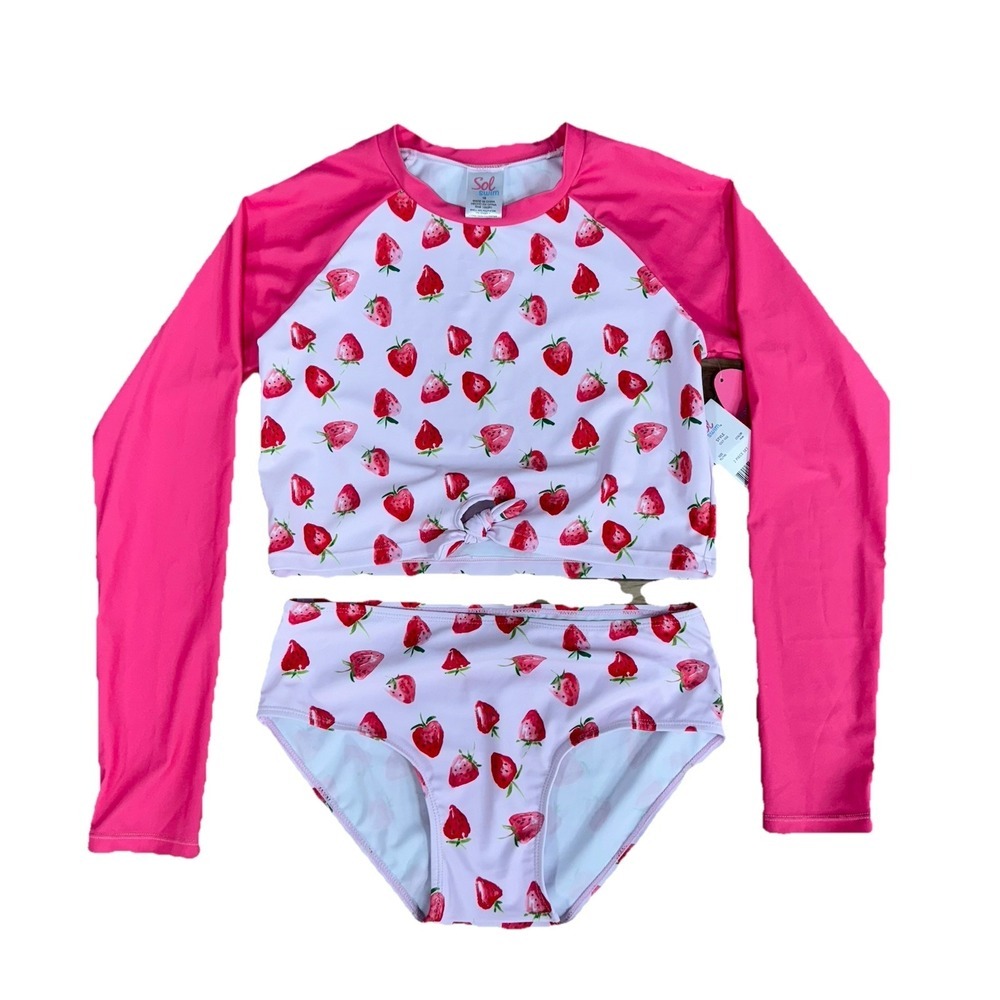 NWT Sol Swimsuit 2 Pc Rash Guard Set Girls Size 16 Top 14 Bottom Pink Strawberry